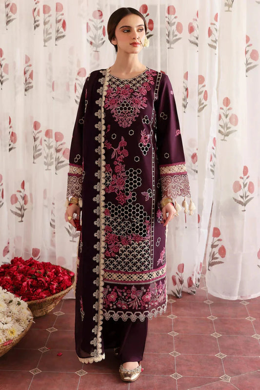 MAHNUR-3PC LAWN LASERWORK EMBROIDERED SHIRT WITH KHAADI NET EMBROIDERED DUPATTA AND TROUSER-UR-3507