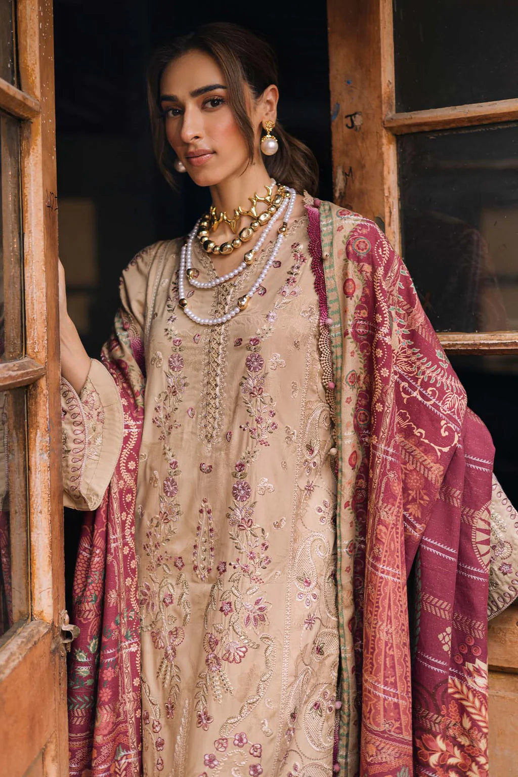 NUREH-3PC DHANAK EMBROIDERED SHIRT WITH COURTRAI PRINTED SHAWL & TROUSER-UR-4589