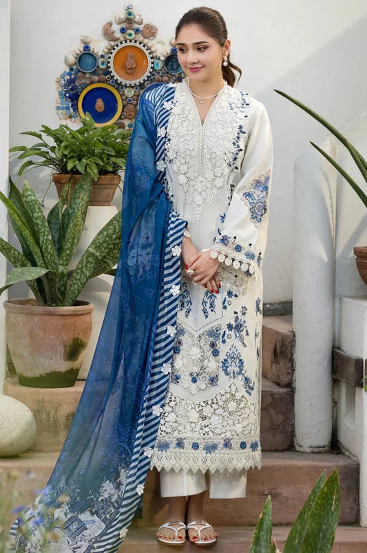 MOTIFZ-3PC LAWN HEAVY EMBROIDERED SHIRT WITH SILK PRINTED DUPATTA AND TROUSER-UR-4591