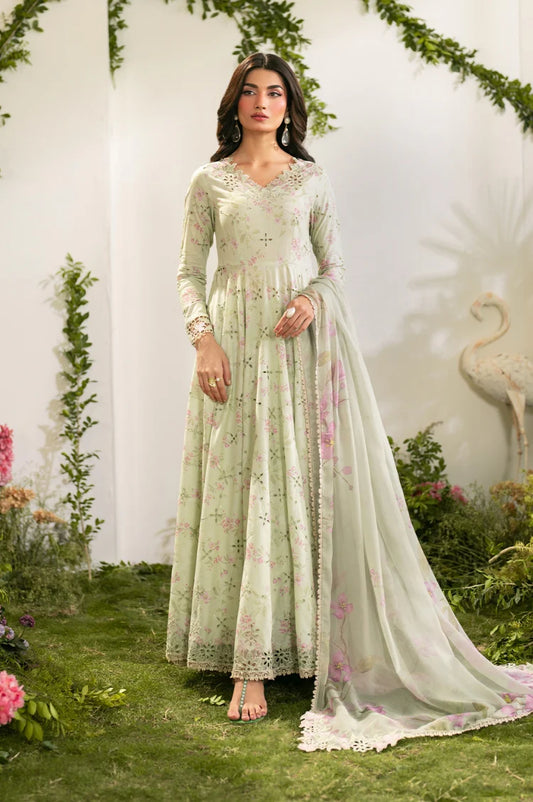IZNIK-3PC LAWN PRINTED EMB FROCK WITH SILK PRINTED DUPATTA AND TROUSER-UR-4589