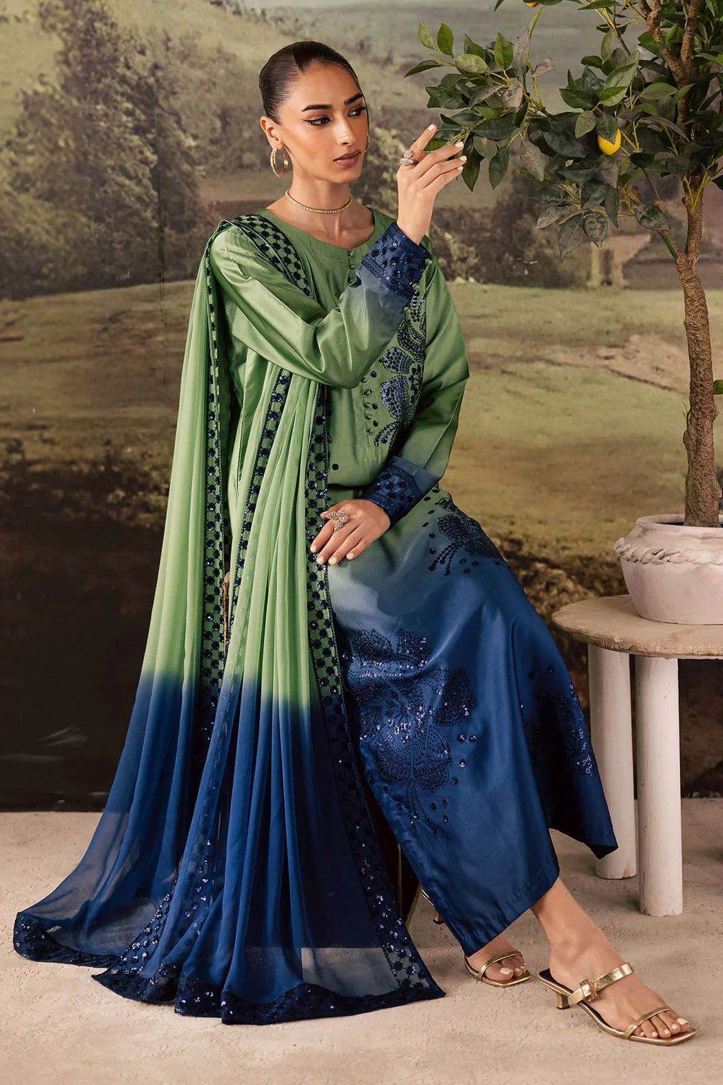 NUREH-3PC SHAMOZE SILK PRINTED EMBROIDERED SHIRT WITH SOFT SILK PRINTED EMB DUPATTA & TROUSER-UR-131