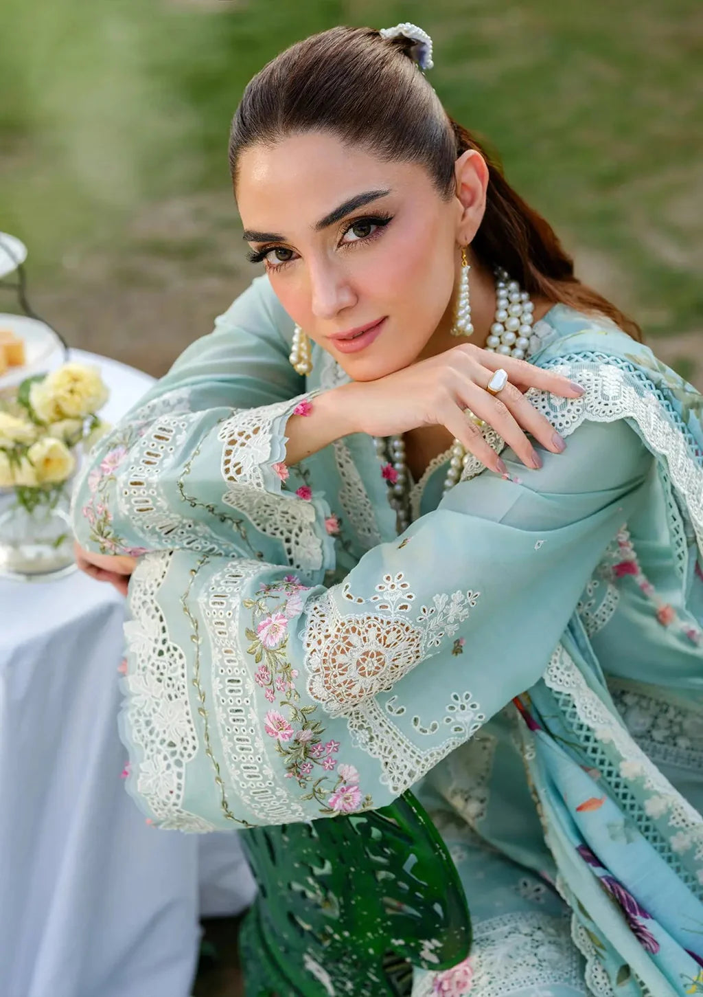 ELAF-3PC LAWN CHIKANKAARI EMBROIDERED SHIRT WITH CHIFFON PRINTED DUPATTA AND TROUSER-UR-3642