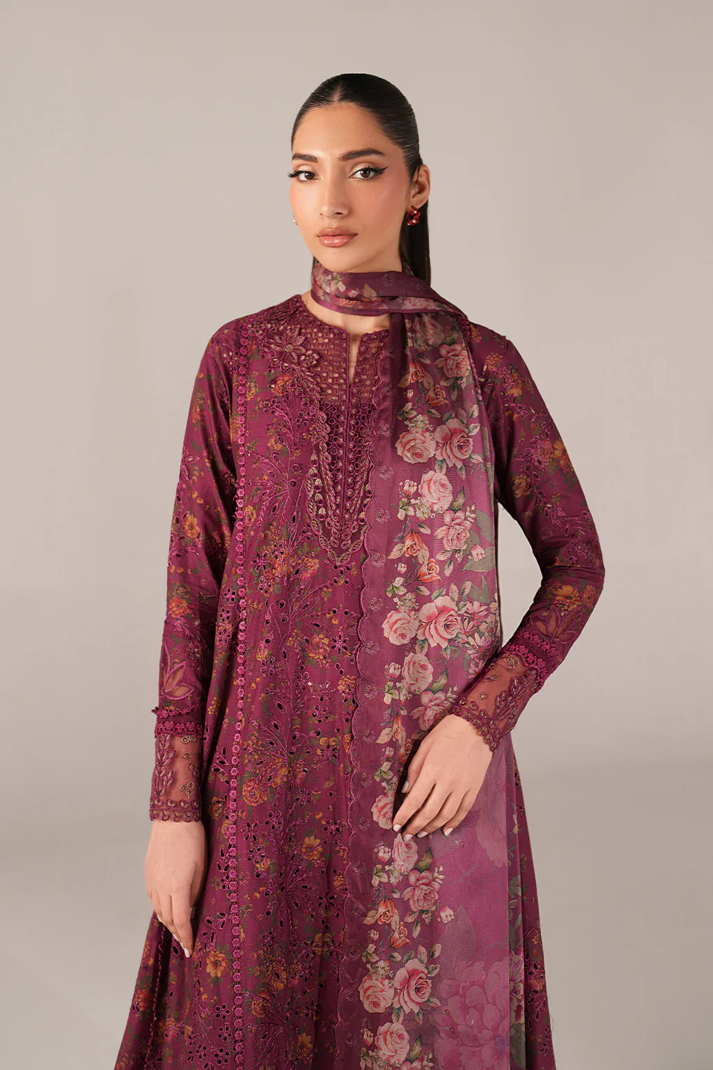 IZNIK-3PC LAWN PRINTED CHIKAN EMB FROCK WITH SILK PRINTED DUPATTA AND TROUSER-UR-547