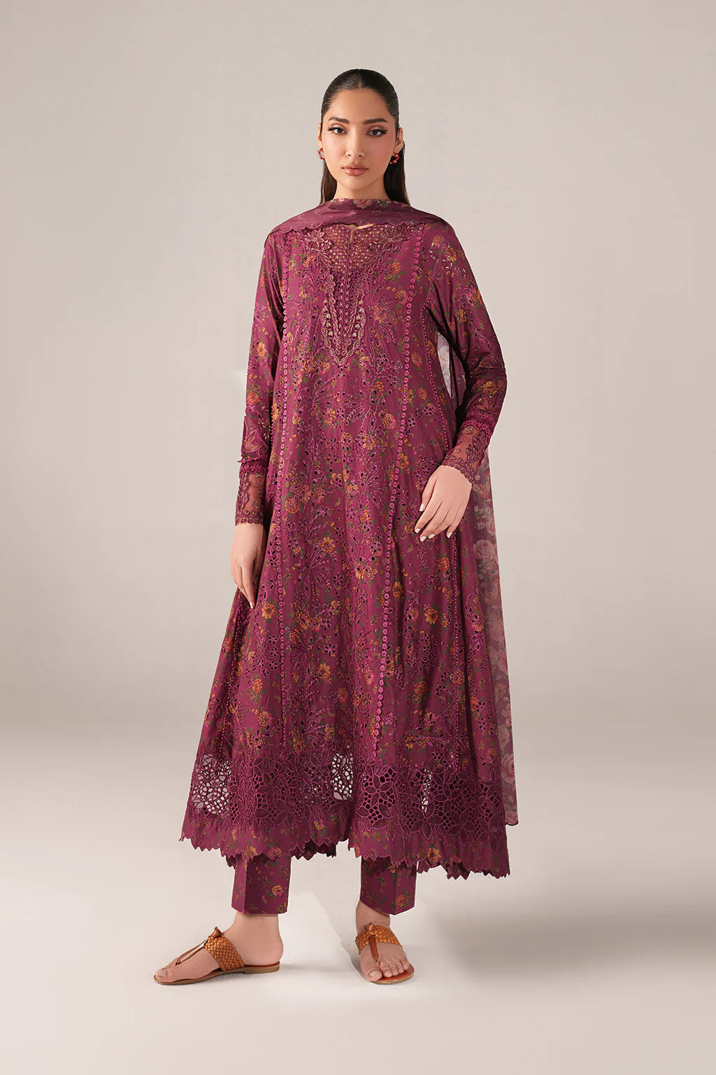 IZNIK-3PC LAWN PRINTED CHIKAN EMB FROCK WITH SILK PRINTED DUPATTA AND TROUSER-UR-547