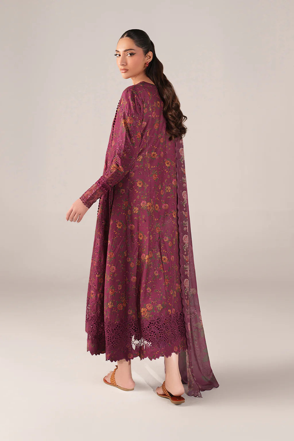 IZNIK-3PC LAWN PRINTED CHIKAN EMB FROCK WITH SILK PRINTED DUPATTA AND TROUSER-UR-547