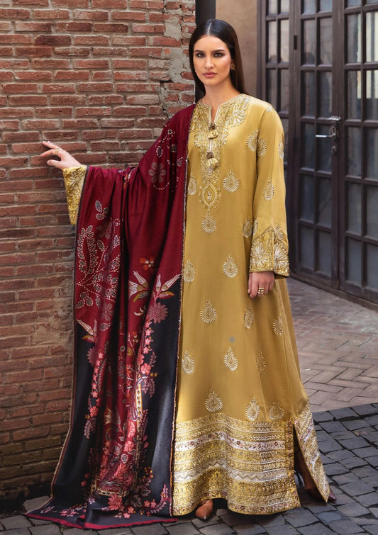 HUSSAIN REHAR-3PC KARANDI EMBROIDERED SHIRT WITH WOOL DIGITAL PRINT SHAWL AND TROUSER-UR-4622