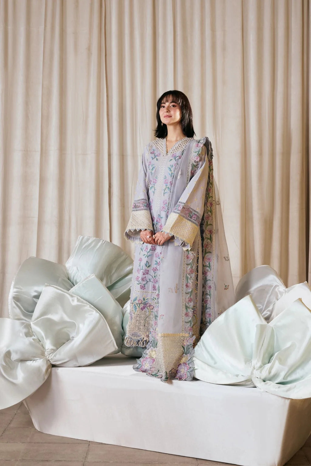 MARYAM HUSSAIN-3PC LAWN EMBROIDERED SHIRT WITH KHADDI NET EMB DUPATTA AND TROUSER-UR-4259