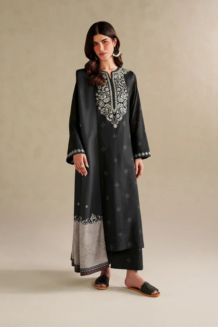 IZNIK-3PC DHANAK EMBROIDERED SHIRT WITH WOOL DIGITAL PRINT SHAWL AND TROUSER-UR-4624