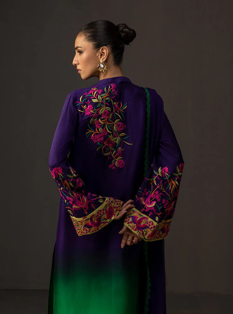 ZAINAB CHOTTANI-3PC SHAMOZE SILK PRINTED EMB SHIRT WITH SOFT SILK PRINTED DUPATTA & TROUSER-UR-2700