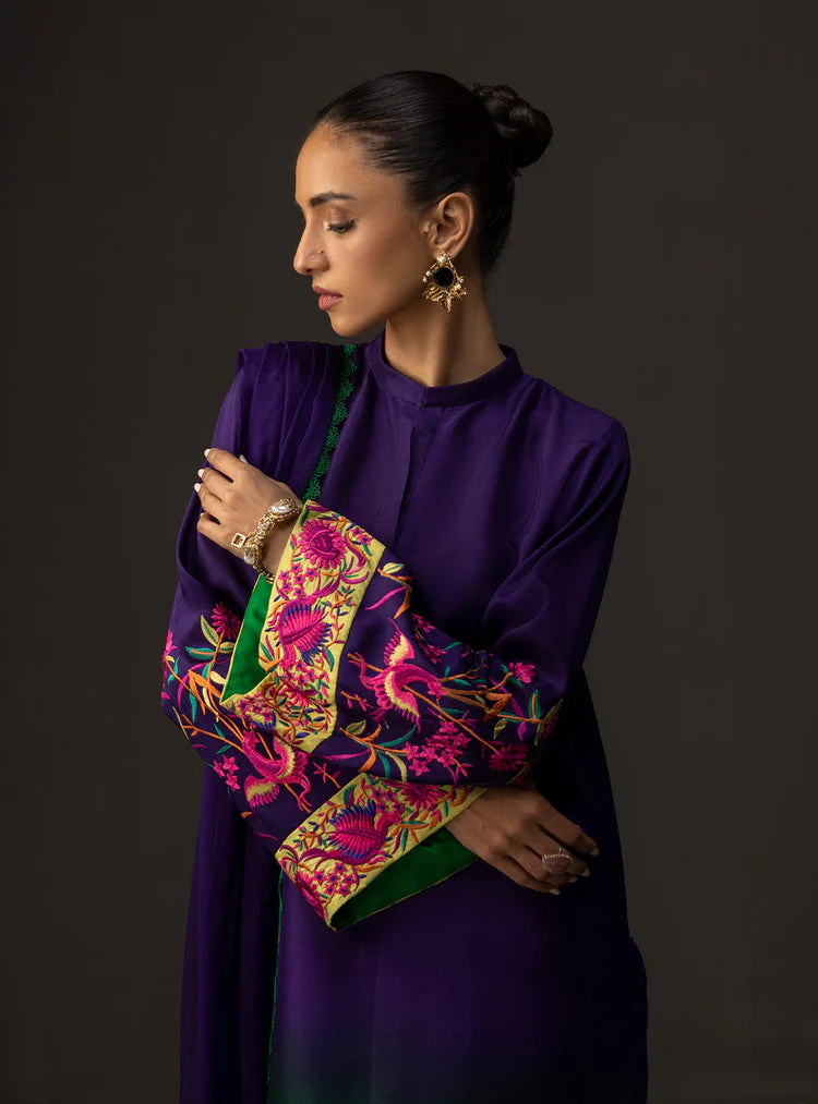 ZAINAB CHOTTANI-3PC SHAMOZE SILK PRINTED EMB SHIRT WITH SOFT SILK PRINTED DUPATTA & TROUSER-UR-2700