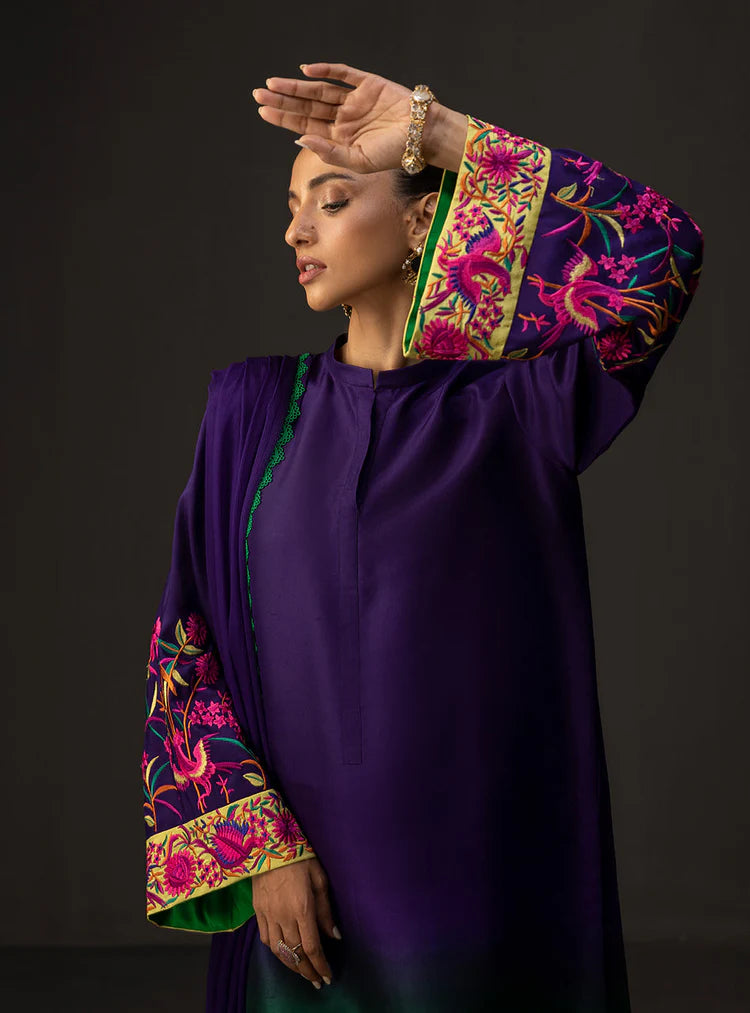 ZAINAB CHOTTANI-3PC SHAMOZE SILK PRINTED EMB SHIRT WITH SOFT SILK PRINTED DUPATTA & TROUSER-UR-2700