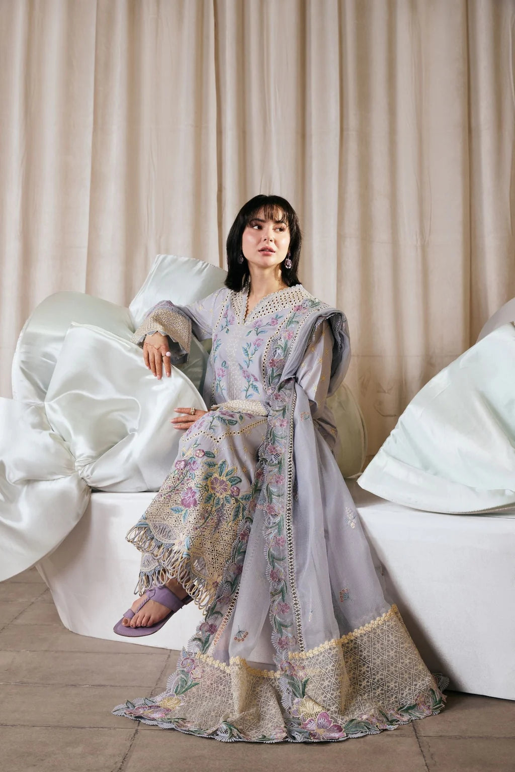 MARYAM HUSSAIN-3PC LAWN EMBROIDERED SHIRT WITH KHADDI NET EMB DUPATTA AND TROUSER-UR-4259