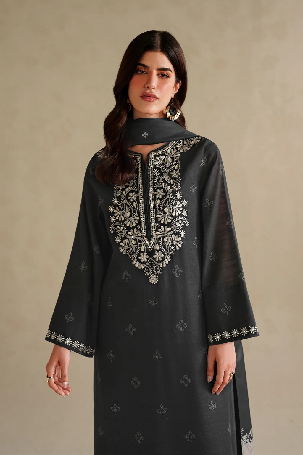 IZNIK-3PC DHANAK EMBROIDERED SHIRT WITH WOOL DIGITAL PRINT SHAWL AND TROUSER-UR-4624