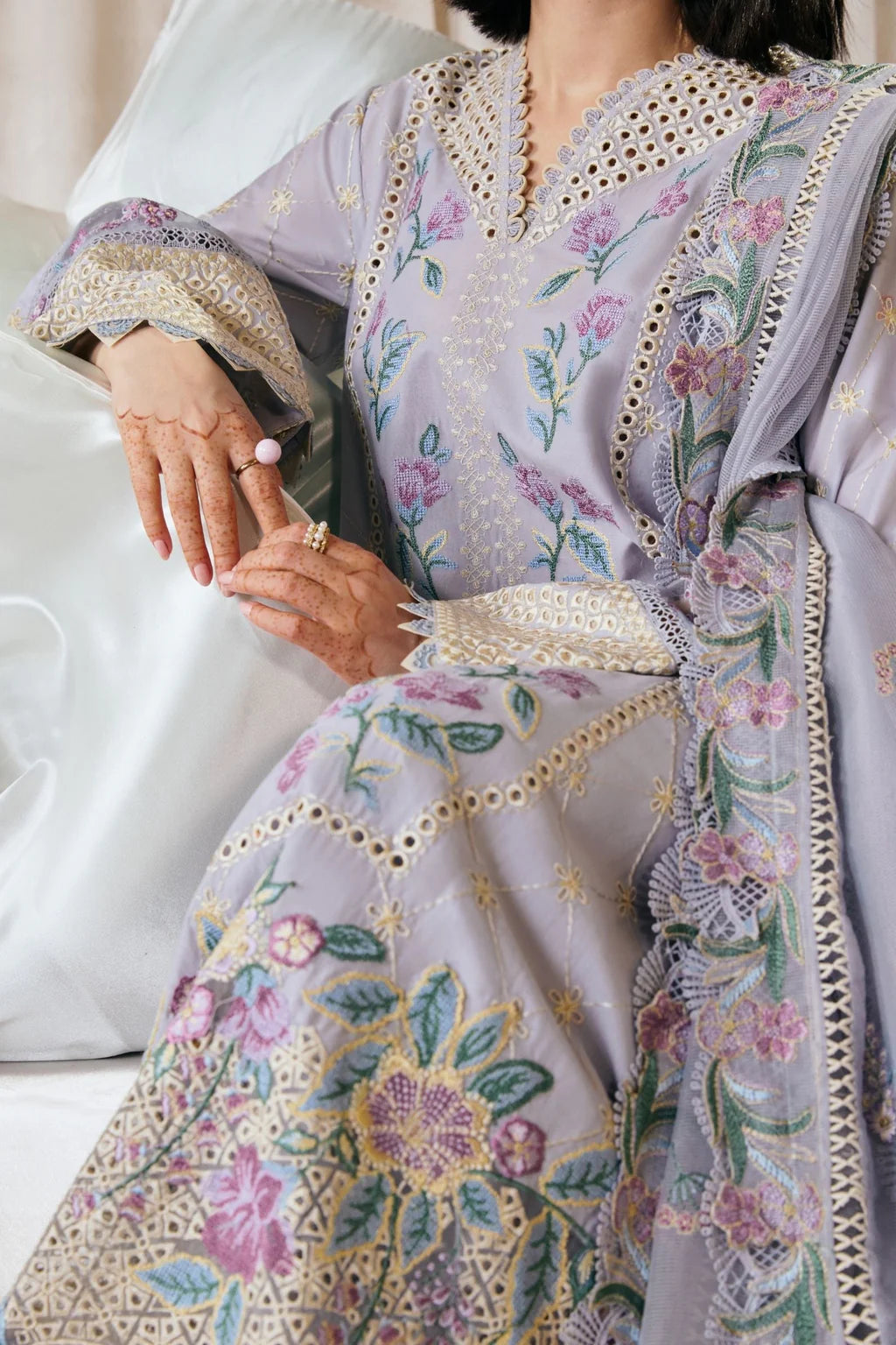 MARYAM HUSSAIN-3PC LAWN EMBROIDERED SHIRT WITH KHADDI NET EMB DUPATTA AND TROUSER-UR-4259