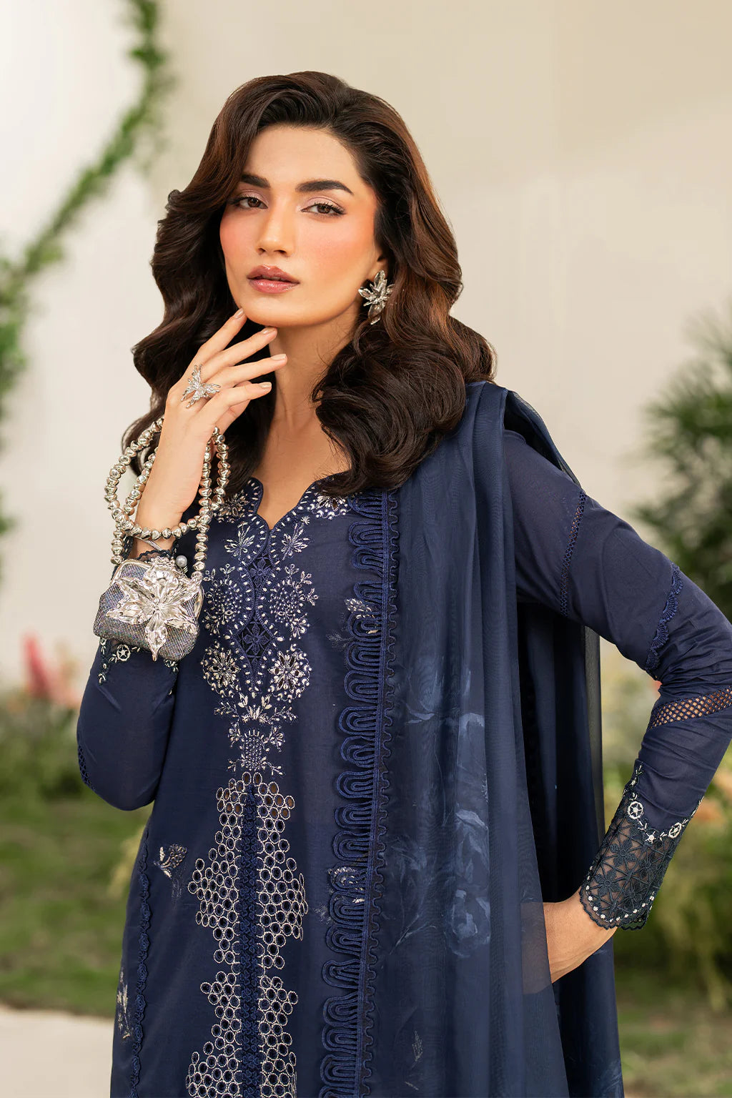 IZNIK-3PC DHANAK CHIKAN EMBROIDERED SHIRT WITH COURTRAI PRINTED SHAWL AND EMB TROUSER-UR-4056