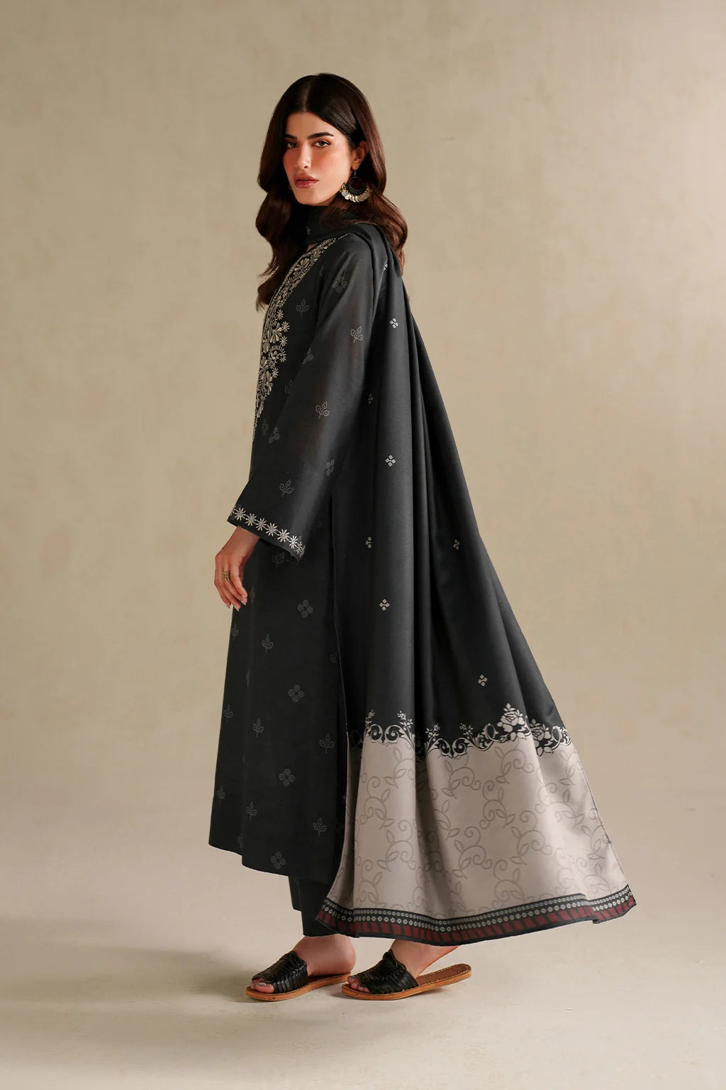 IZNIK-3PC DHANAK EMBROIDERED SHIRT WITH WOOL DIGITAL PRINT SHAWL AND TROUSER-UR-4624