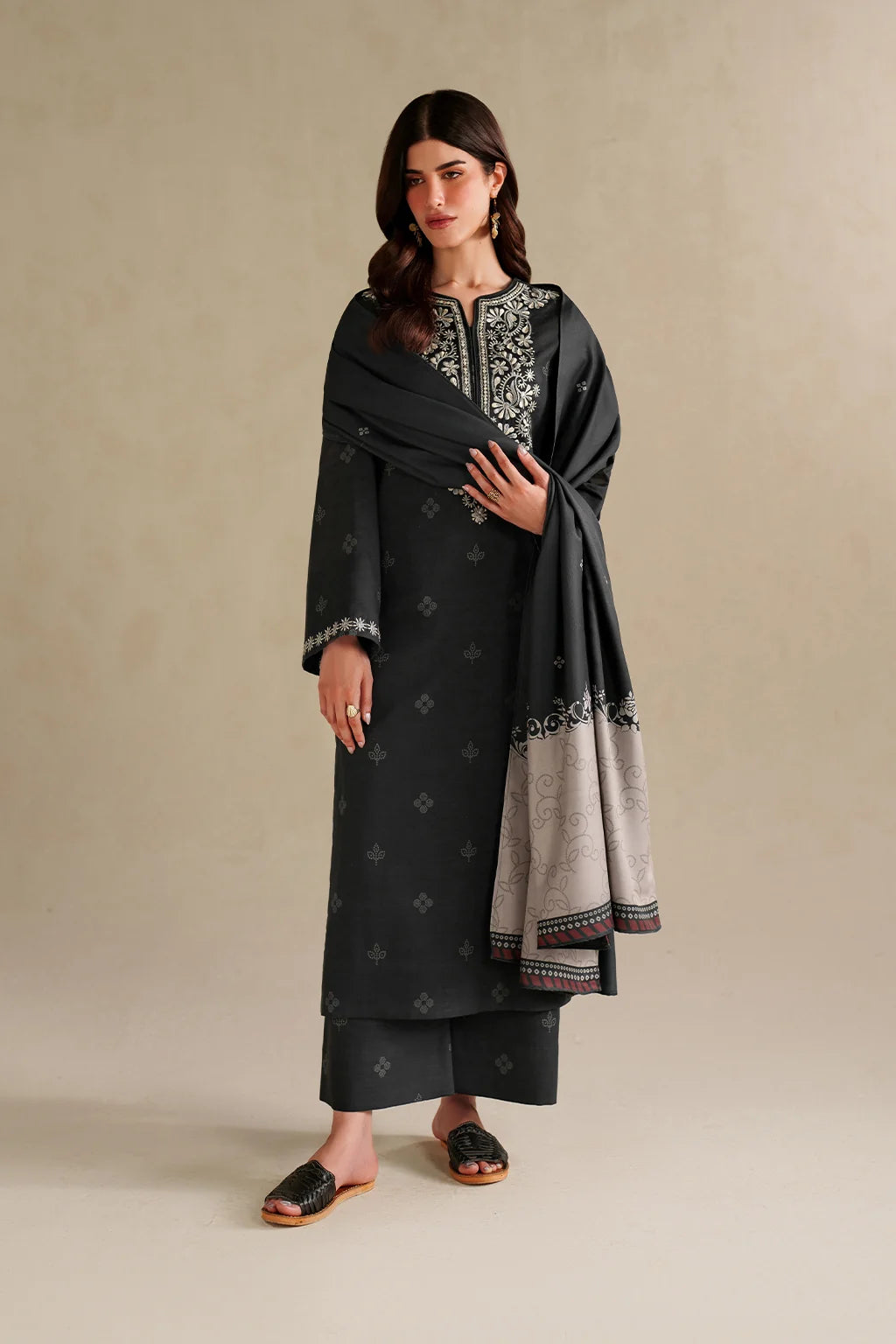 IZNIK-3PC DHANAK EMBROIDERED SHIRT WITH WOOL DIGITAL PRINT SHAWL AND TROUSER-UR-4624