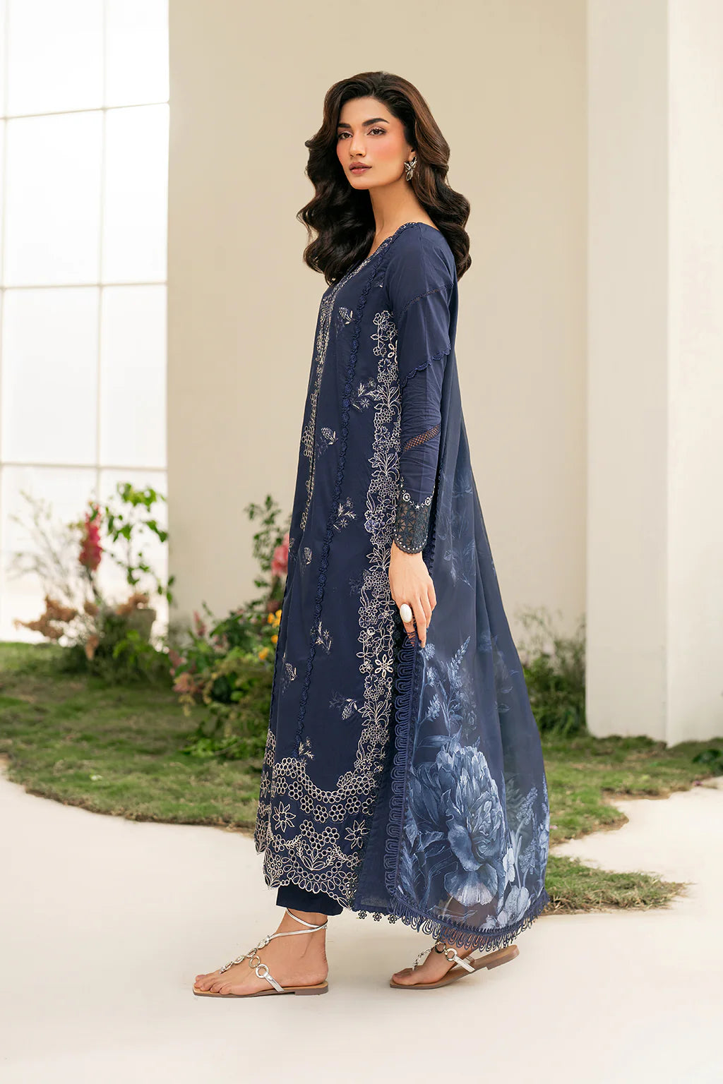 IZNIK-3PC DHANAK CHIKAN EMBROIDERED SHIRT WITH COURTRAI PRINTED SHAWL AND EMB TROUSER-UR-4056