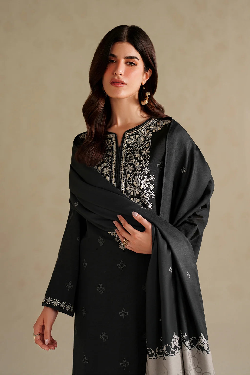 IZNIK-3PC DHANAK EMBROIDERED SHIRT WITH WOOL DIGITAL PRINT SHAWL AND TROUSER-UR-4624