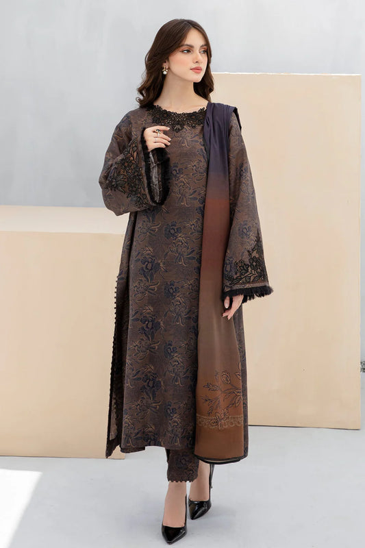 BAROQUE-3PC KHADDAR PRINTED EMB SHIRT WITH KHADDAR PRINT DUPATTA AND PRINT TROUSER-UR-2456