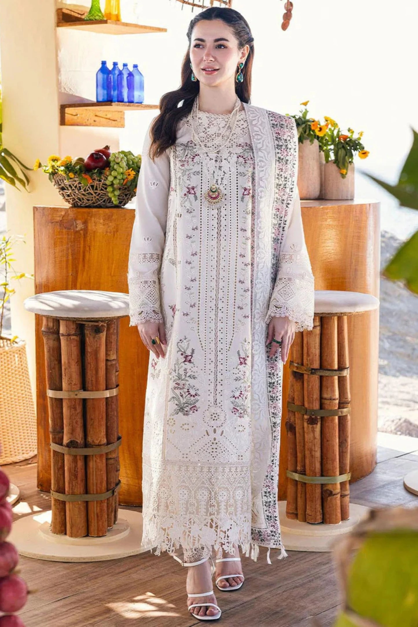 QALAMQAR-3PC LAWN EMBROIDERED SHIRT WITH CHIFFOON EMBROIDERED PRINT DUPATTA AND EMB TROUSER-UR-3525