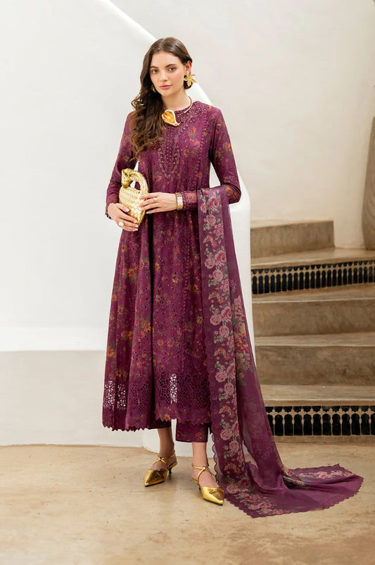IZNIK-3PC LAWN PRINTED CHIKAN EMB FROCK WITH SILK PRINTED DUPATTA AND TROUSER-UR-547