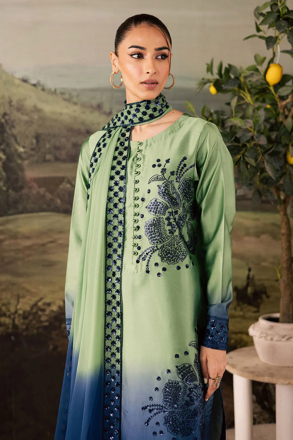NUREH-3PC SHAMOZE SILK PRINTED EMBROIDERED SHIRT WITH SOFT SILK PRINTED EMB DUPATTA & TROUSER-UR-131
