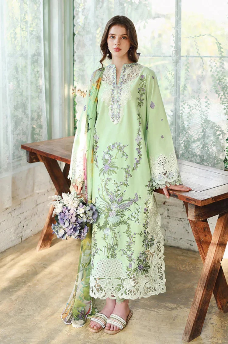MUSHQ-3PC LAWN EMBROIDERED SHIRT WITH SILK PRINTED DUPATTA AND TROUSER-UR-4925