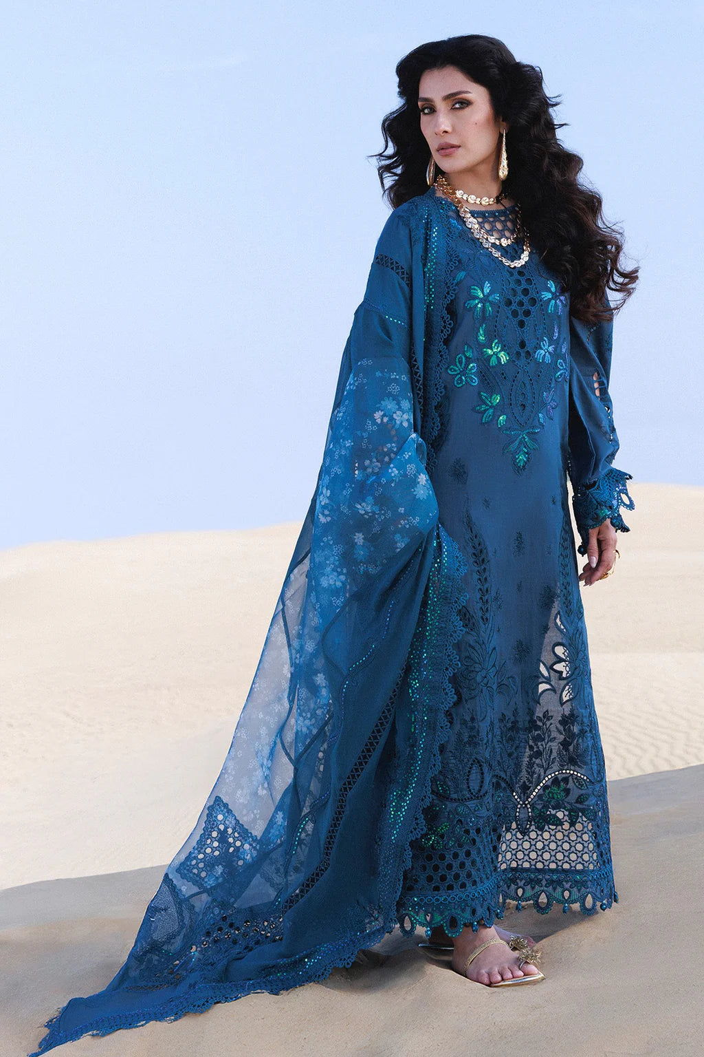 NUREH-3PC LAWN LASERWORK EMBROIDERED SHIRT WITH CHIFFON PRINTED EMB DUPATTA AND TROUSER-UR-3792
