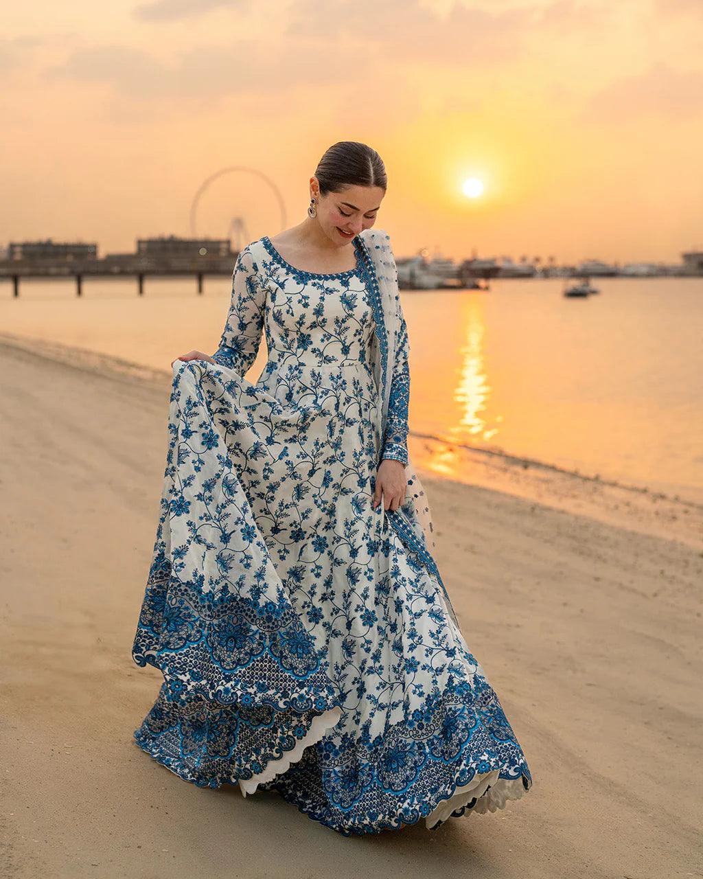 FAIZA SAQLAIN-FROCK 3PC LAWN EMBROIDERED SHIRT WITH NET EMBROIDERED DUPATTA AND TROUSER-UR-4832