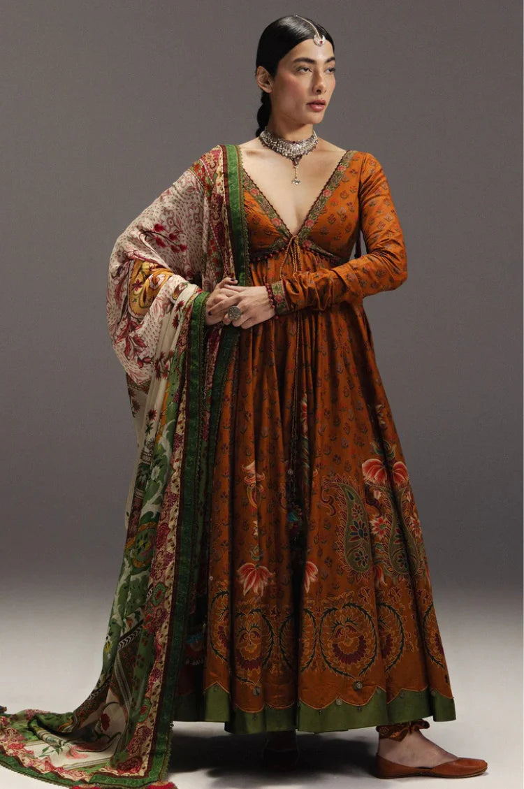 ZARA SHAH JAHAN-3PC DIGITAL PRINTED FROCK WITH SILK PRINTED DUPATTA & DYED TROUSER-UR-523