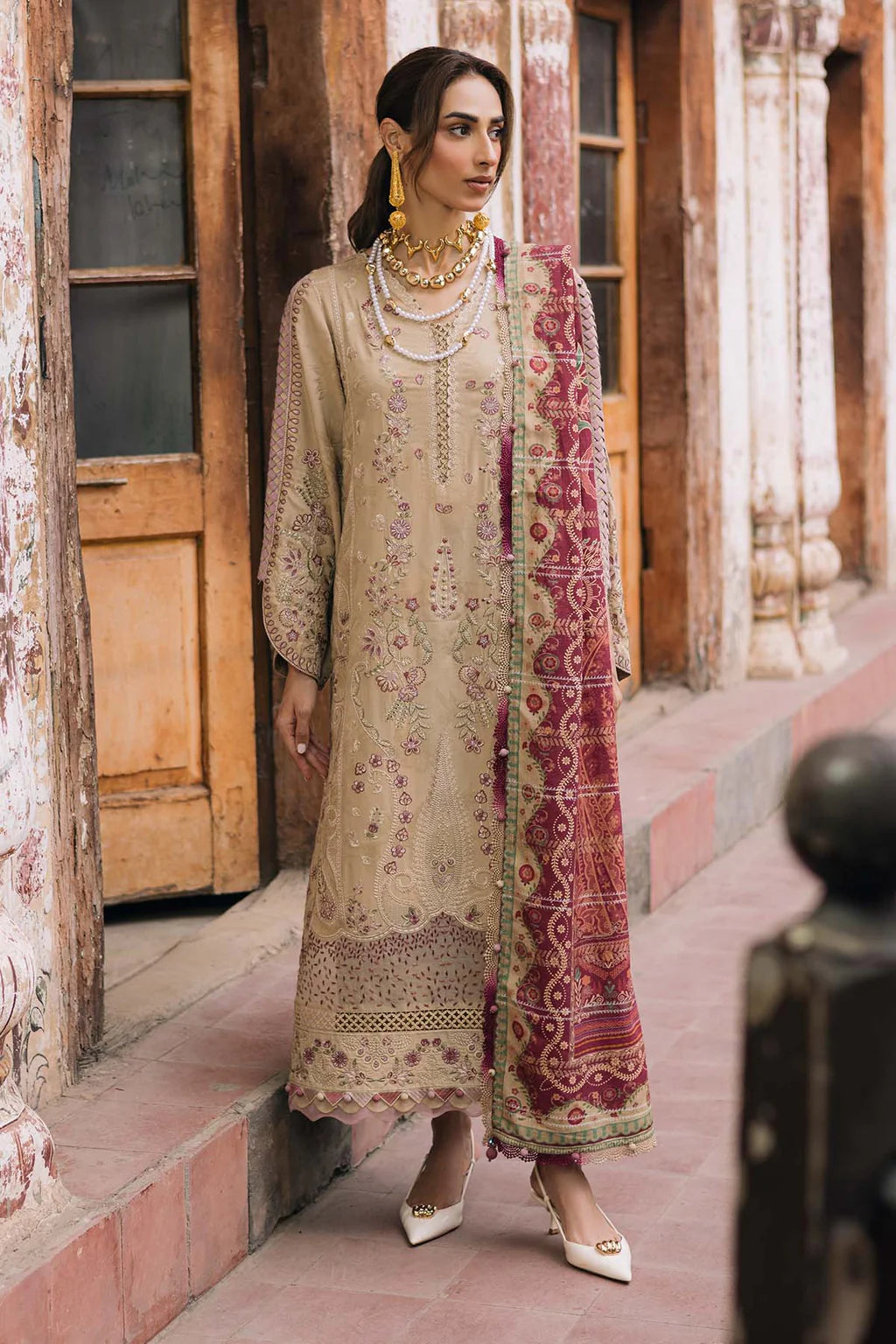 NUREH-3PC DHANAK EMBROIDERED SHIRT WITH COURTRAI PRINTED SHAWL & TROUSER-UR-4589