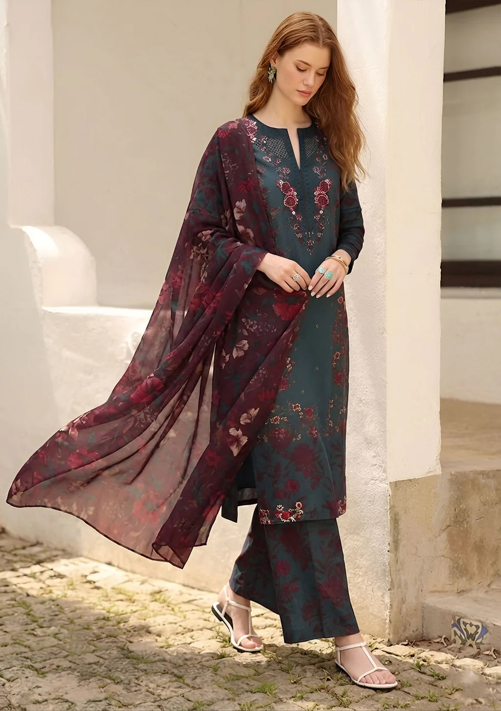 IZNIK-3PC LAWN PRINTED EMBROIDERED SHIRT WITH SILK PRINTED DUPATTA AND PRINTED EMB TROUSER-UR-522