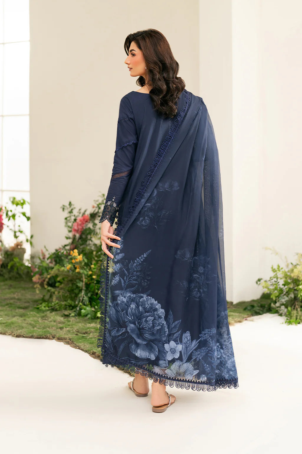 IZNIK-3PC DHANAK CHIKAN EMBROIDERED SHIRT WITH COURTRAI PRINTED SHAWL AND EMB TROUSER-UR-4056