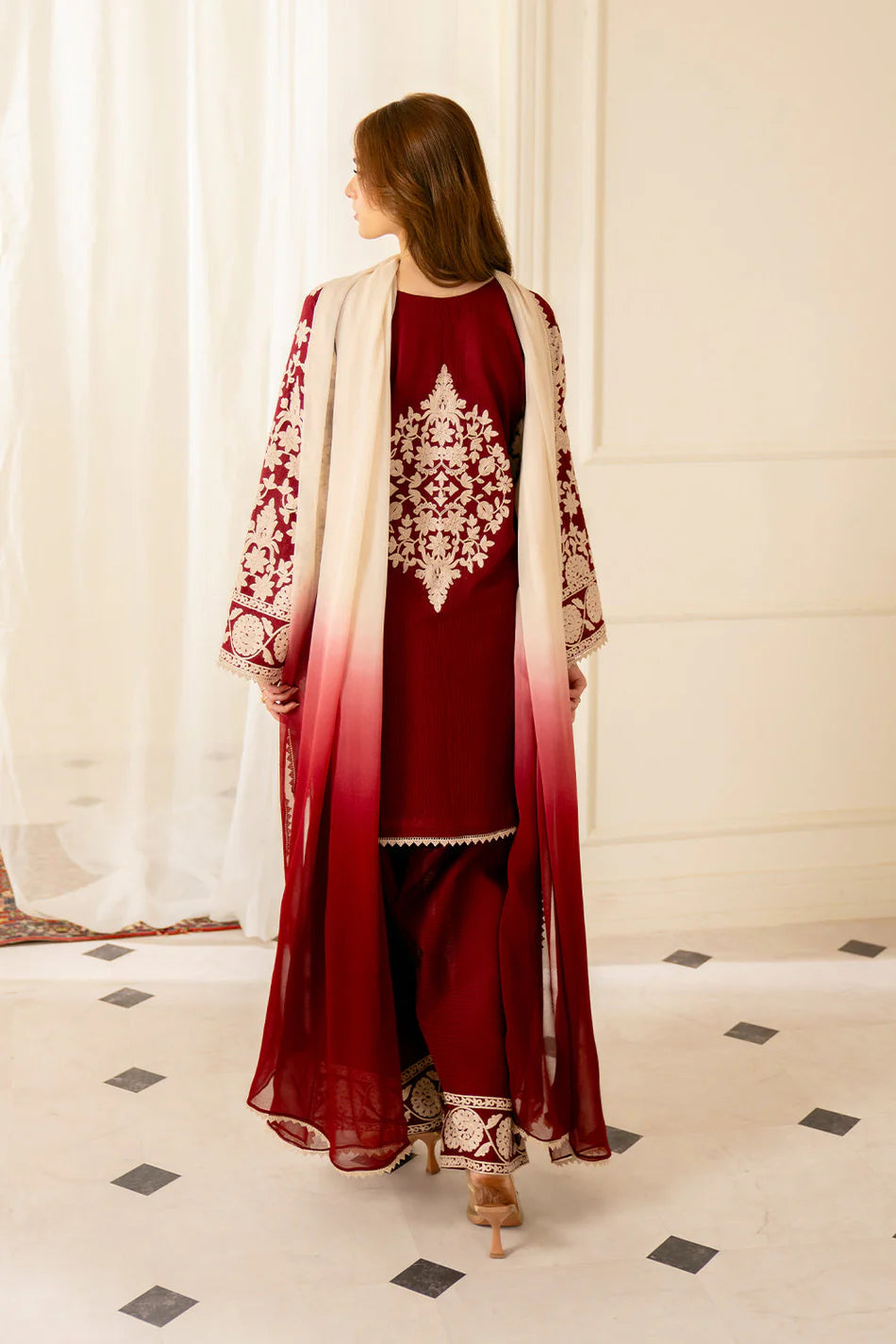 JAZMIN-3PC LAWN EMBROIDERED SHIRT WITH CHIFFON TYE & DYE DUPATTA AND TROUSER-UR-3556