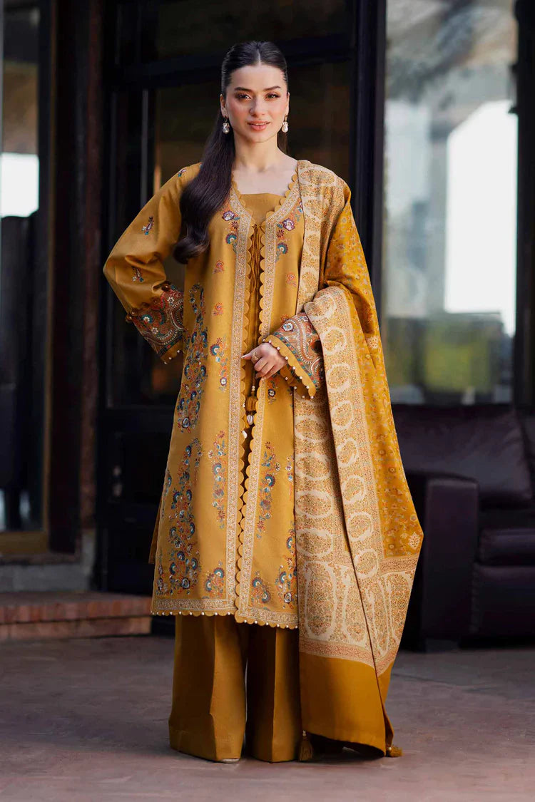 NISHAT-3PC KHADDAR EMBROIDERED SHIRT WITH COURTRAI PRINTED SHAWL & TROUSER-UR-4367