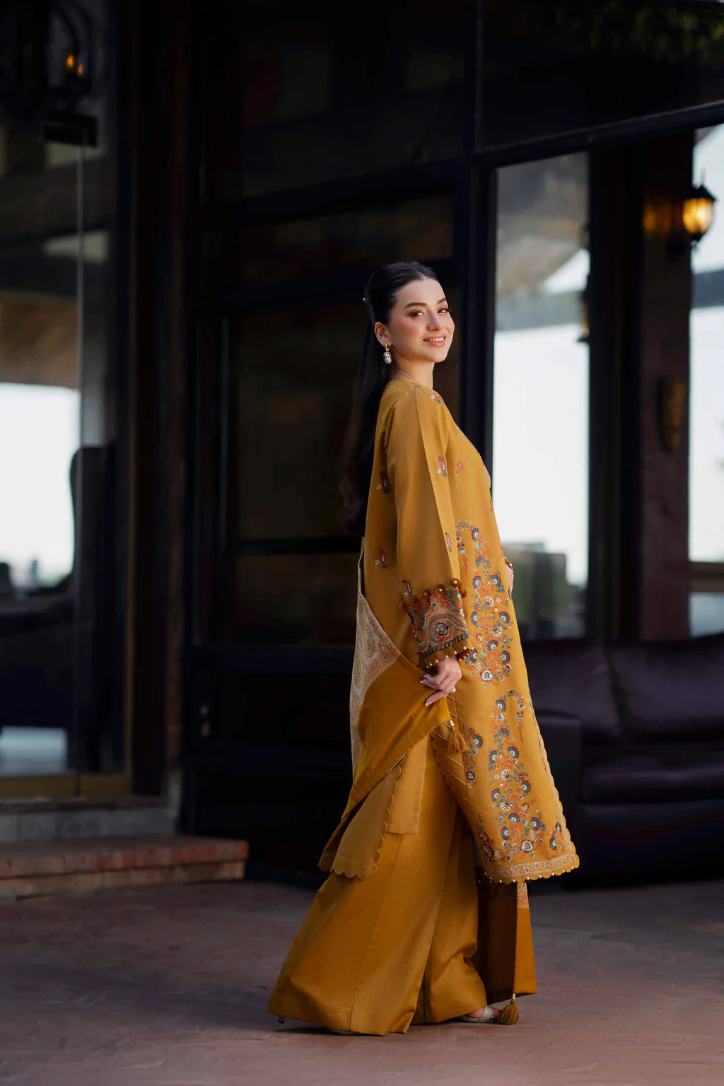 NISHAT-3PC KHADDAR EMBROIDERED SHIRT WITH COURTRAI PRINTED SHAWL & TROUSER-UR-4367