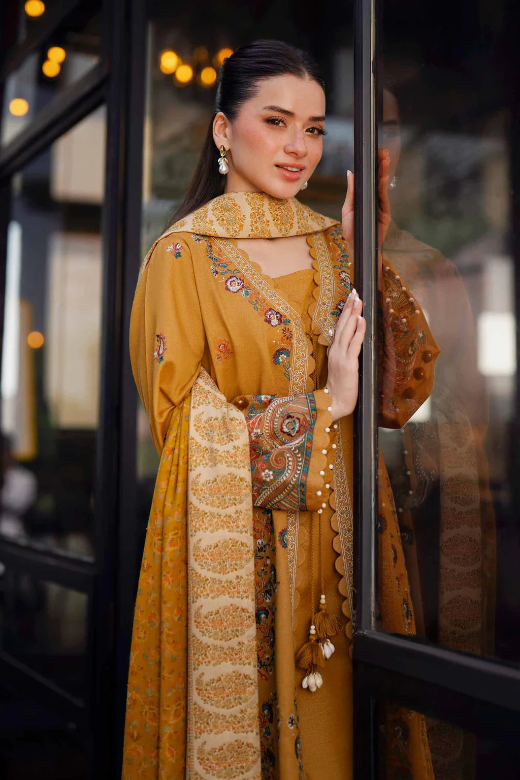 NISHAT-3PC KHADDAR EMBROIDERED SHIRT WITH COURTRAI PRINTED SHAWL & TROUSER-UR-4367