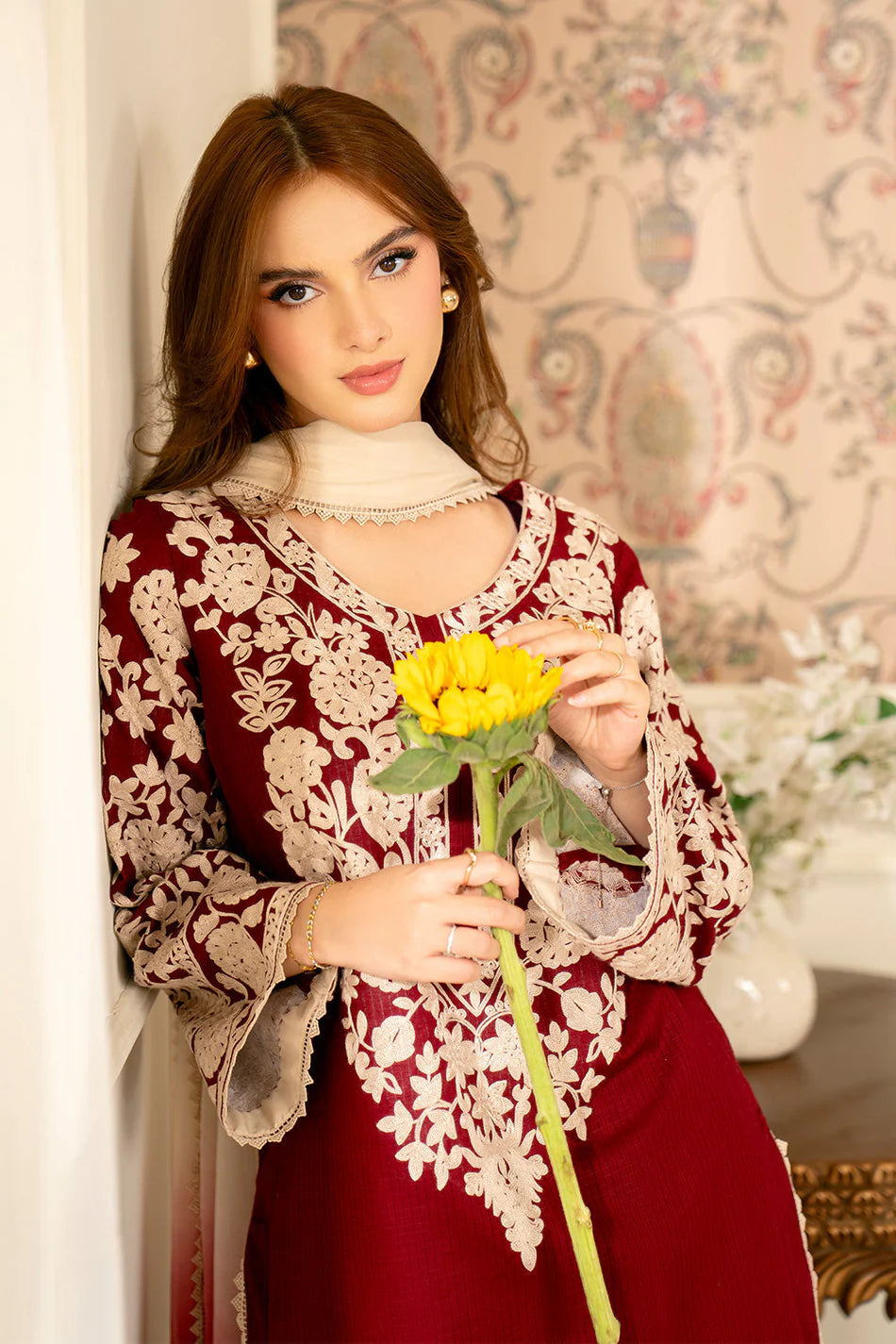 JAZMIN-3PC LAWN EMBROIDERED SHIRT WITH CHIFFON TYE & DYE DUPATTA AND TROUSER-UR-3556