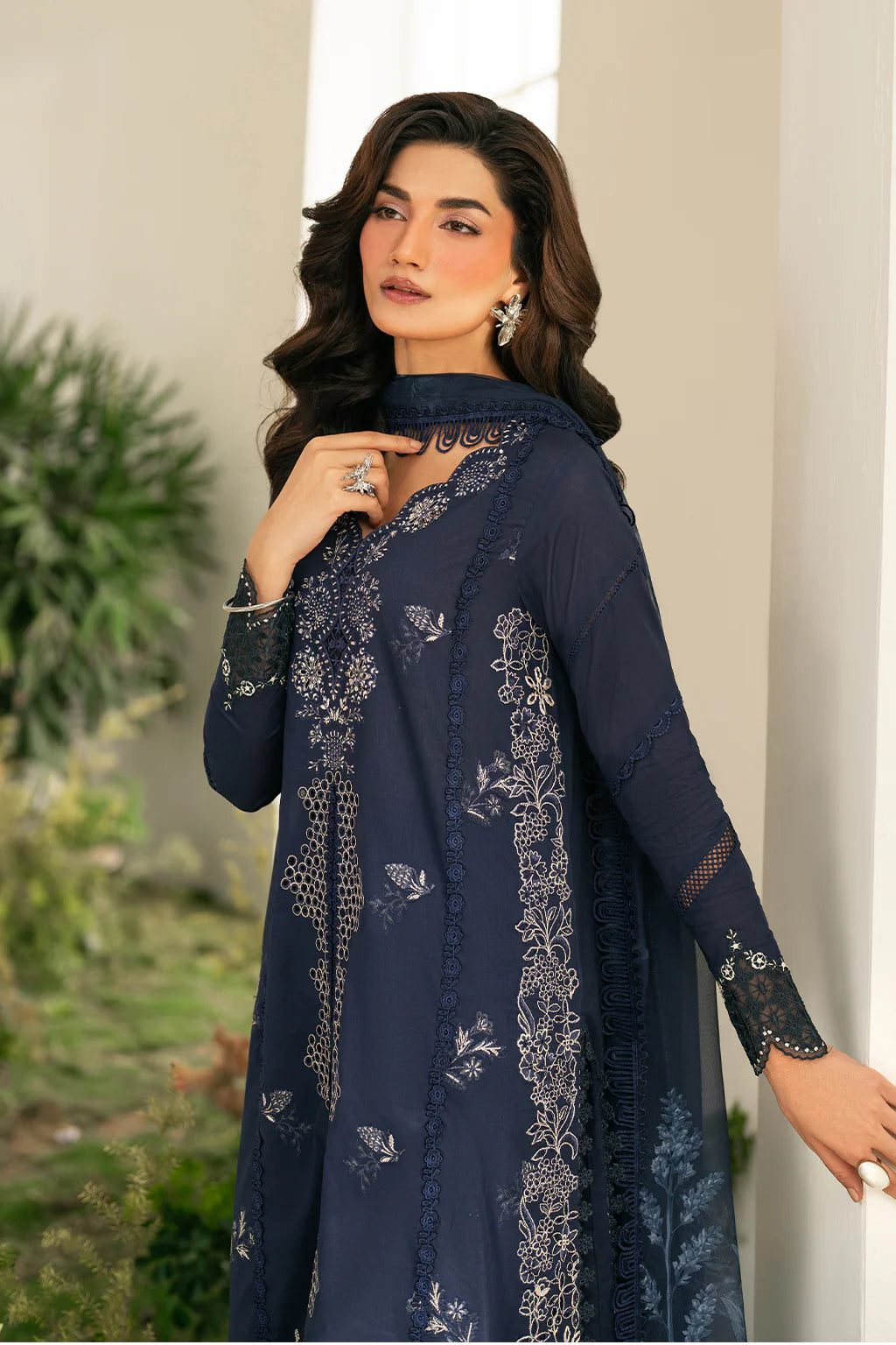IZNIK-3PC DHANAK CHIKAN EMBROIDERED SHIRT WITH COURTRAI PRINTED SHAWL AND EMB TROUSER-UR-4056
