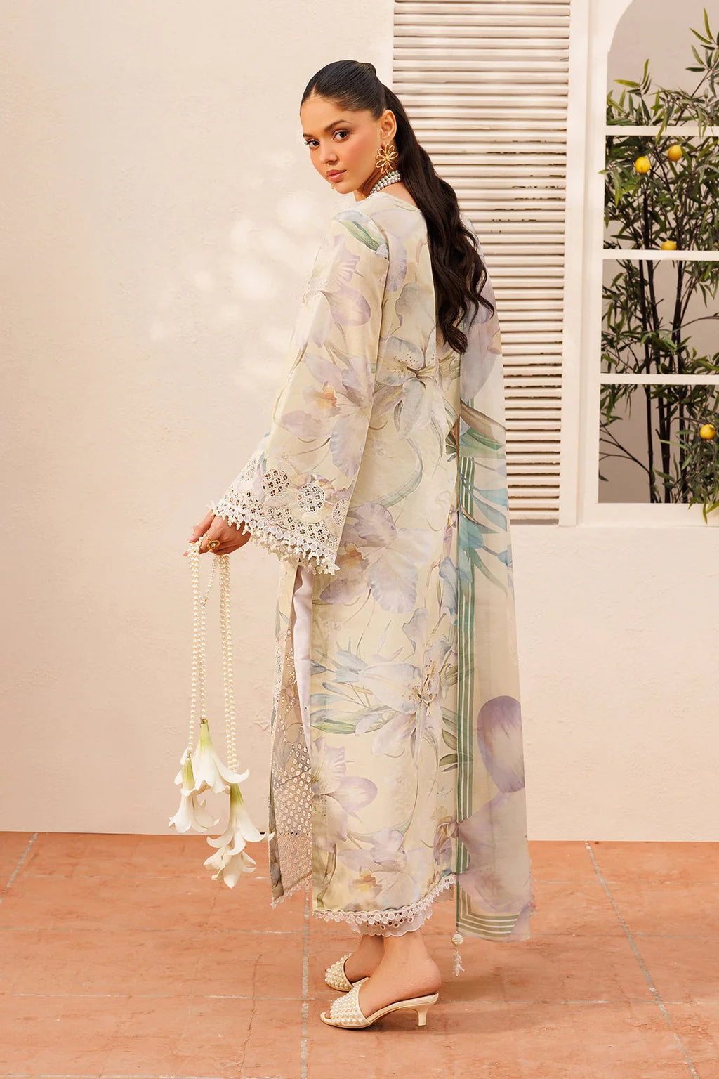 BAROQUE-3PC LAWN PRINTED EMB SHIRT WITH SILK PRINTED DUPATTA AND TROUSER-UR-501