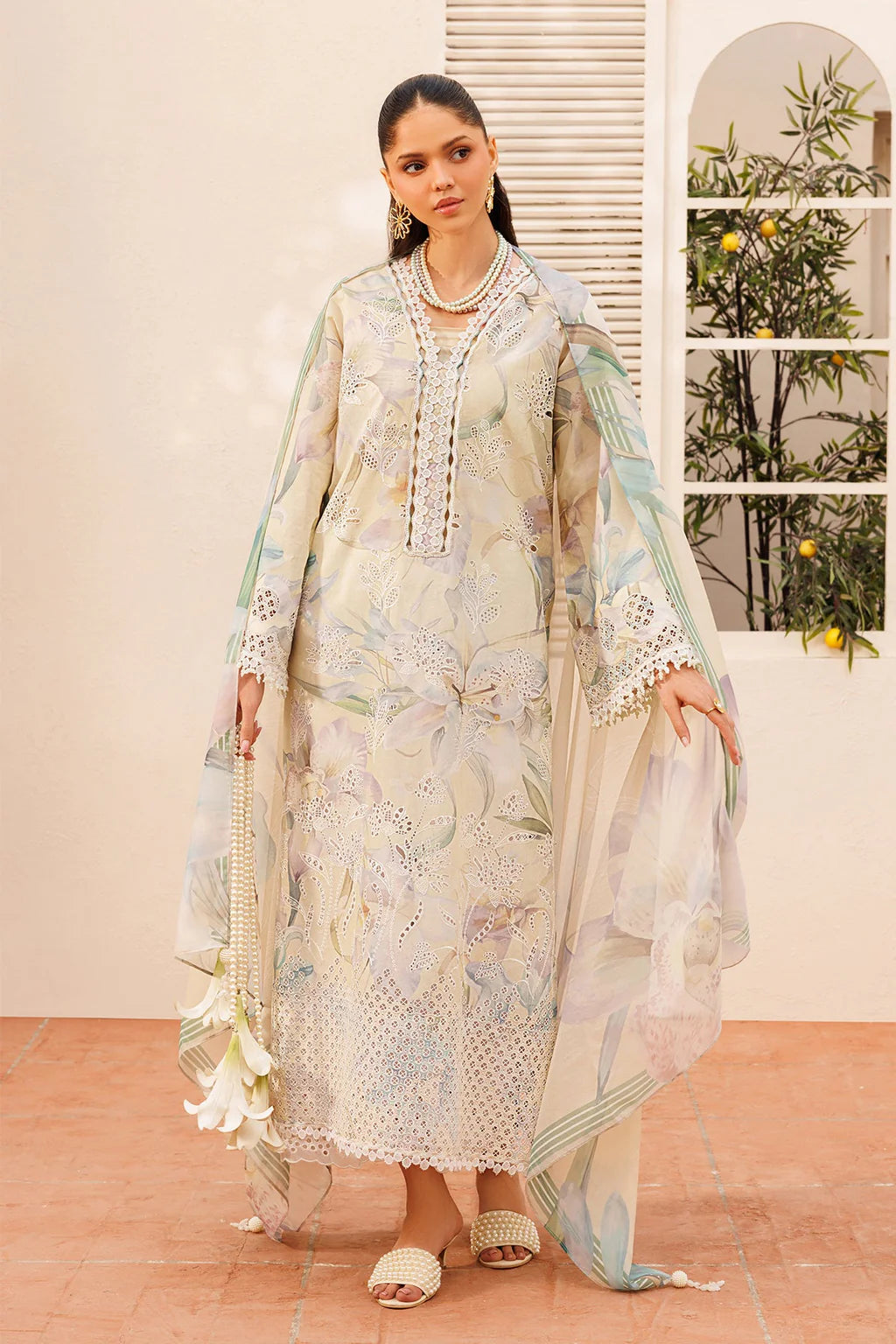 BAROQUE-3PC LAWN PRINTED EMB SHIRT WITH SILK PRINTED DUPATTA AND TROUSER-UR-501