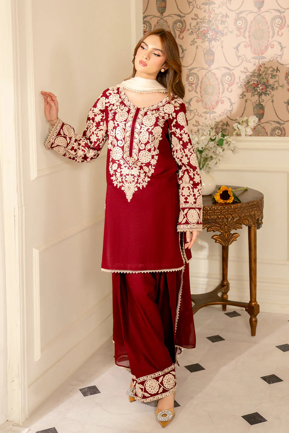 JAZMIN-3PC LAWN EMBROIDERED SHIRT WITH CHIFFON TYE & DYE DUPATTA AND TROUSER-UR-3556