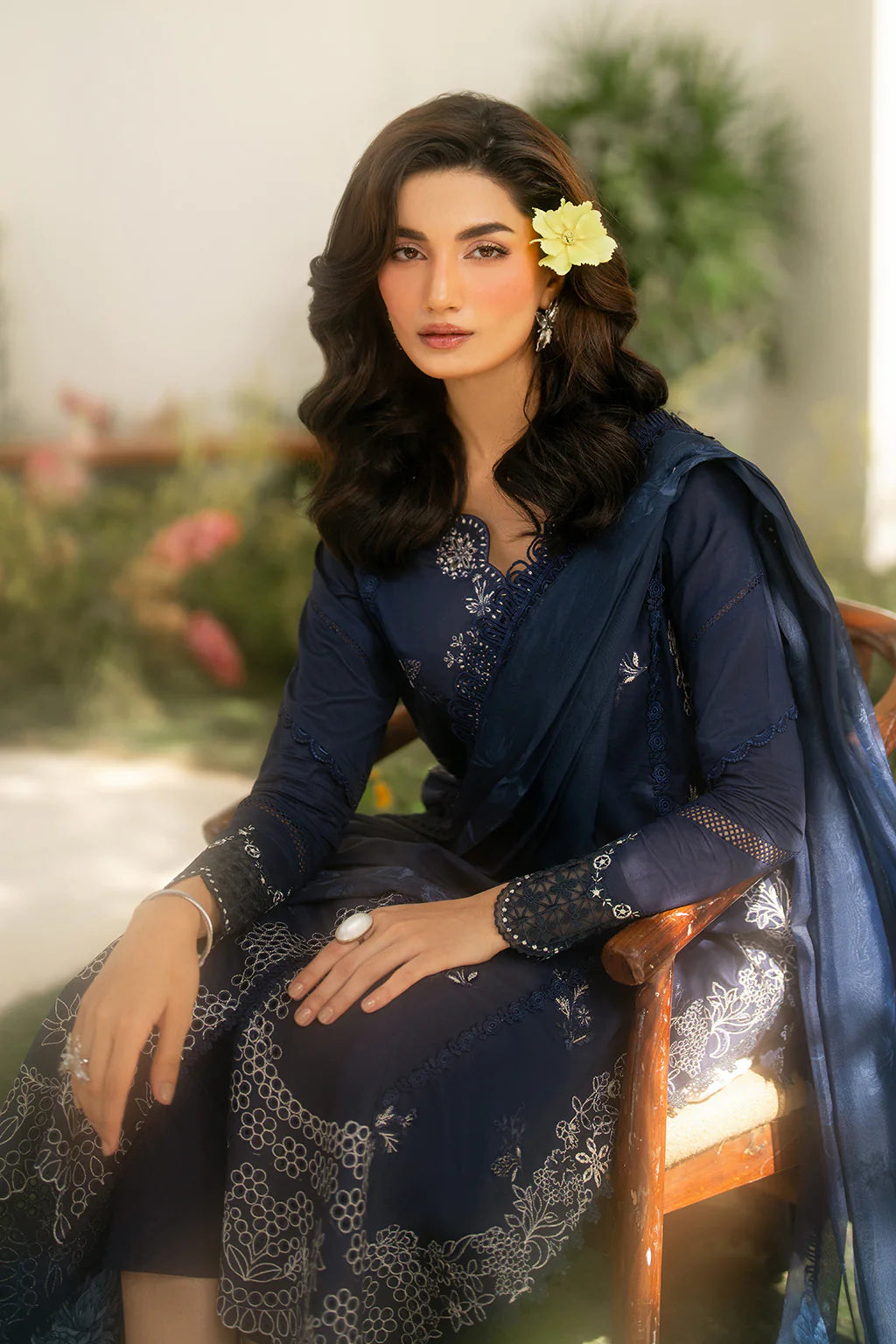 IZNIK-3PC DHANAK CHIKAN EMBROIDERED SHIRT WITH COURTRAI PRINTED SHAWL AND EMB TROUSER-UR-4056