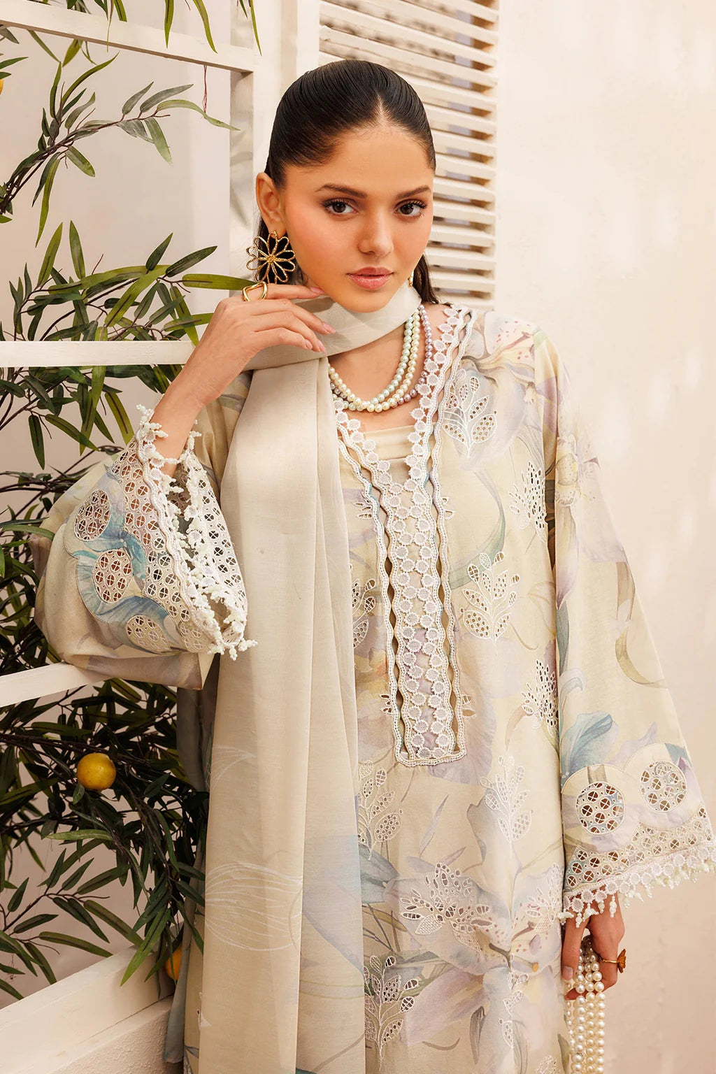 BAROQUE-3PC LAWN PRINTED EMB SHIRT WITH SILK PRINTED DUPATTA AND TROUSER-UR-501
