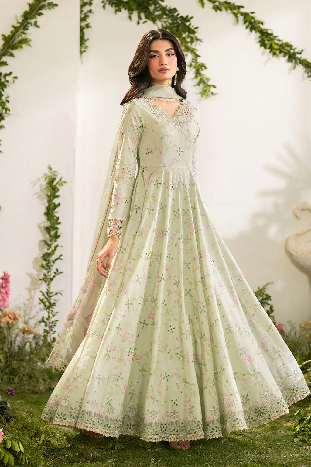 IZNIK-3PC LAWN PRINTED EMB FROCK WITH SILK PRINTED DUPATTA AND TROUSER-UR-4589