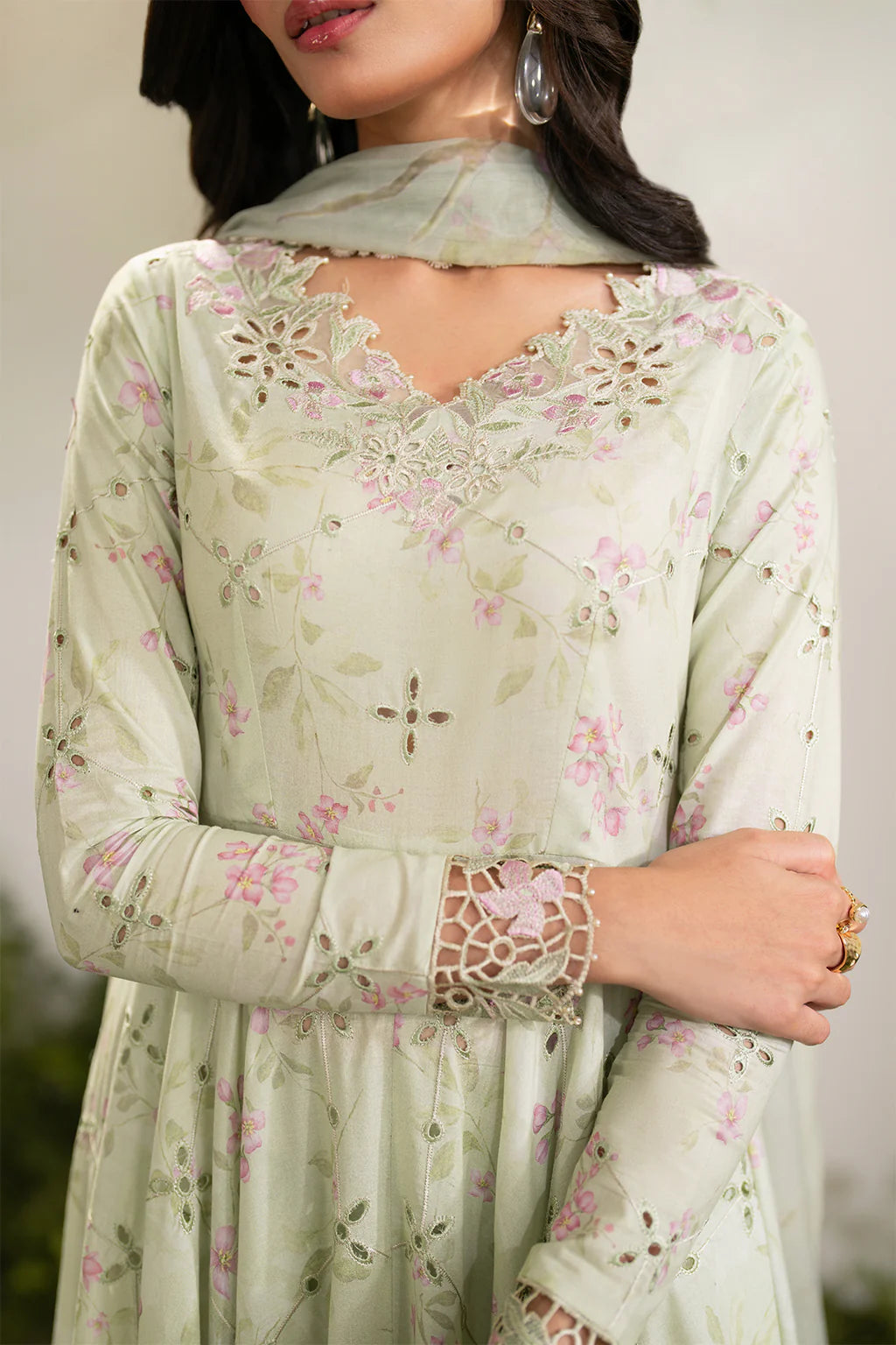 IZNIK-3PC LAWN PRINTED EMB FROCK WITH SILK PRINTED DUPATTA AND TROUSER-UR-4589