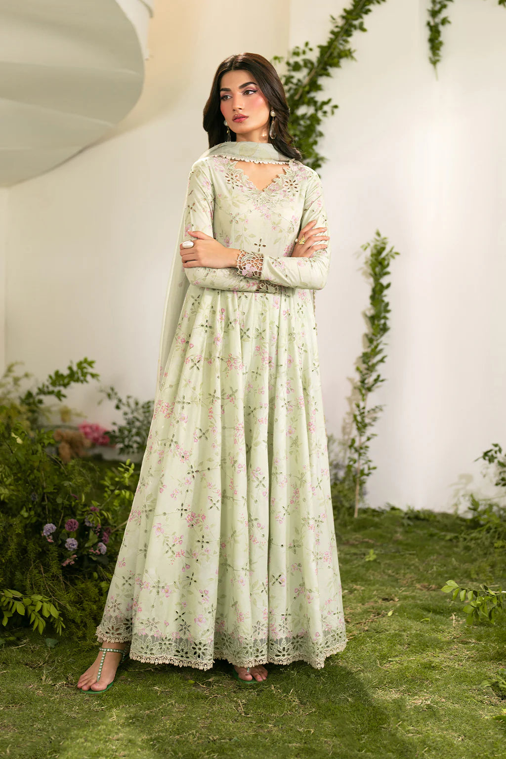 IZNIK-3PC LAWN PRINTED EMB FROCK WITH SILK PRINTED DUPATTA AND TROUSER-UR-4589