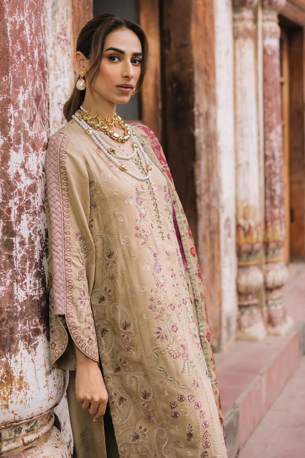 NUREH-3PC DHANAK EMBROIDERED SHIRT WITH COURTRAI PRINTED SHAWL & TROUSER-UR-4589