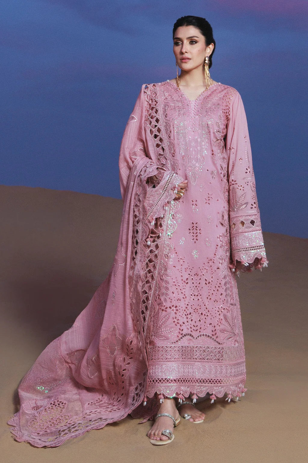 NUREH-3PC LAWN SEQUIN CHIKANKAARI EMBROIDERED SHIRT WITH KHADDI NET EMBROIDERED DUPATTA AND TROUSER-UR-3756